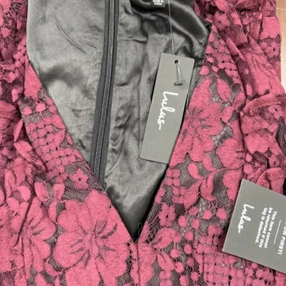 NWT Lulus Molinetto Burgundy Lace Ruffled Tiered Sleeveless Maxi Dress